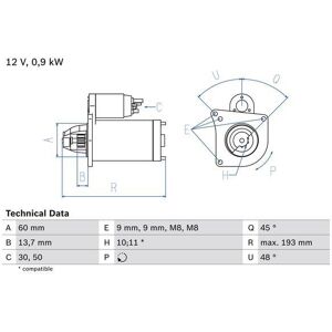 Bosch Starter Motor For Peugeot 207 Vti 95 8fs(Ep3) 1.4 June 2007 To June 2013 Bosch Starter Motor For Peugeot 207 Vti 95 8fs(Ep3) 1.4 June 2007 To June 2013
