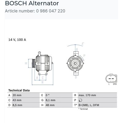 Bosch 0 986 047 220 Alternator - 14V 100A - Compact, Reliable Bosch 0 986 047 220 Alternator - 14V 100A - Compact, Reliable