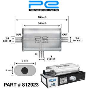 Profusion Exhausts 3 Inch 76mm 4x9 Oval X 14\" T-Pipe Exhaust Muffler 304 Stainless Steel Silencer Profusion Exhausts 3 Inch 76mm 4x9 Oval X 14\" T-Pipe Exhaust Muffler 304 Stainless Steel Silencer