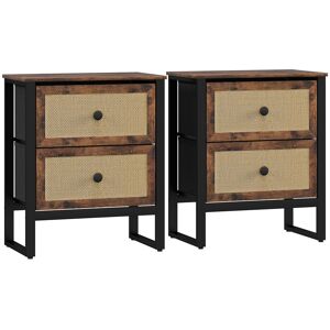 Homcom Side Table Set Of 2 With Rattan Drawers And Steel Legs, Rustic Brown Homcom Side Table Set Of 2 With Rattan Drawers And Steel Legs, Rustic Brown
