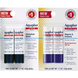 Aquaphor Lip Repair, Moisturizing Lip Balm Multipack (2 Repair Sticks + 2 Repai Aquaphor Lip Repair, Moisturizing Lip Balm Multipack (2 Repair Sticks + 2 Repai