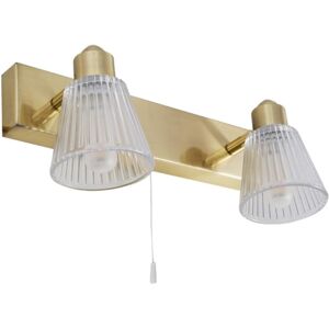 Satin Brass & Clear Ribbed Glass Bathroom Vintage 2 Lamp Switched Bar Wall Light Satin Brass & Clear Ribbed Glass Bathroom Vintage 2 Lamp Switched Bar Wall Light