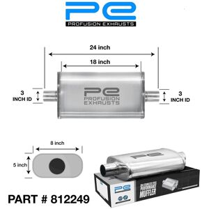 Profusion Exhausts 3\" 76mm 5\" X 8\" Oval X 18\" Profusion 304 Stainless Steel Exhaust Silencer Profusion Exhausts 3\" 76mm 5\" X 8\" Oval X 18\" Profusion 304 Stainless Steel Exhaust Silencer