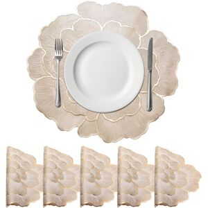 Gold Edge White Floral Rose Round Placemats Set Of 6 For Dinner Tables, Metallic Gold Edge White Floral Rose Round Placemats Set Of 6 For Dinner Tables, Metallic