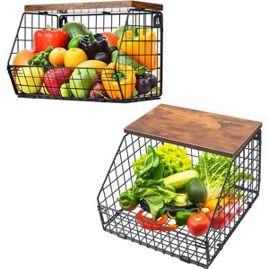 Gemsaya Pack Of 2 Hanging Fruit Baskets, Stackable Kitchen Organiser With Wooden Gemsaya Pack Of 2 Hanging Fruit Baskets, Stackable Kitchen Organiser With Wooden