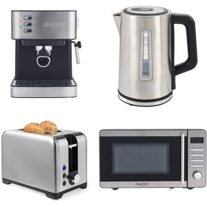 Salter 4pc Breakfast Set – Kettle, Toaster, Microwave & Espresso Machine, Silver Salter 4pc Breakfast Set – Kettle, Toaster, Microwave & Espresso Machine, Silver