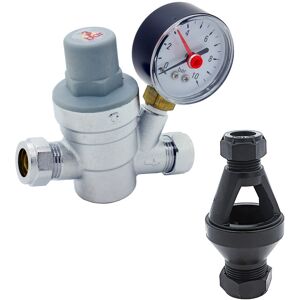 Unvented Components Europe Adjustable Pressure Reducing Valve 15mm With Gauge + Straight Plastic Tundish 15 Unvented Components Europe Adjustable Pressure Reducing Valve 15mm With Gauge + Straight Plastic Tundish 15