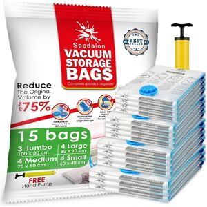 Spedalon Vacuum Storage Bags - Pack Of 15 (3 Jumbo + 4 Large + 4 Medium + 4 Small) Reusa Spedalon Vacuum Storage Bags - Pack Of 15 (3 Jumbo + 4 Large + 4 Medium + 4 Small) Reusa