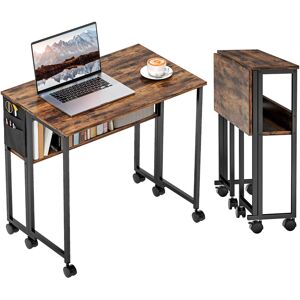 Homcom Desk Foldable Rustic Brown Mdf & Steel 80x50x75cm Compact On Wheels With Shelves Homcom Desk Foldable Rustic Brown Mdf & Steel 80x50x75cm Compact On Wheels With Shelves