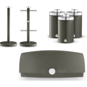 Swan Townhouse Graphite Bread Bin Canisters Mug Tree & Towel Pole Set In Grey Swan Townhouse Graphite Bread Bin Canisters Mug Tree & Towel Pole Set In Grey