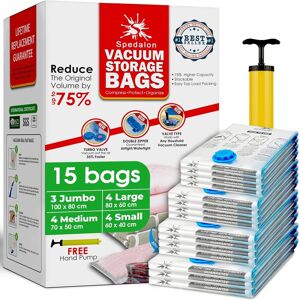 Spedalon Vacuum Storage Bags - Pack Of 15 (3 Jumbo + 4 Large + 4 Medium + 4 Small) Reusa Spedalon Vacuum Storage Bags - Pack Of 15 (3 Jumbo + 4 Large + 4 Medium + 4 Small) Reusa