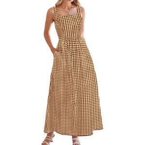 Sodial 2x(Women'S 2025 Summer Spaghetti Strap Maxi Dresses Plaid Square Neck A9289 Sodial 2x(Women'S 2025 Summer Spaghetti Strap Maxi Dresses Plaid Square Neck A9289