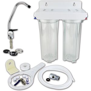 Finerfilters 10" Standard Double Water Filter Housing With 1/4" Connections & Push Lever Tap Finerfilters 10" Standard Double Water Filter Housing With 1/4" Connections & Push Lever Tap