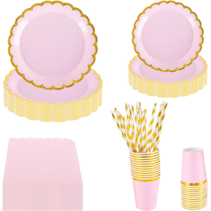 Does Not Apply 25-Guests Pink Party Tableware Set - 125pcs Foil Gold Flower Shaped Paper Plates Does Not Apply 25-Guests Pink Party Tableware Set - 125pcs Foil Gold Flower Shaped Paper Plates