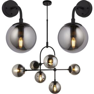 Loops Multi Arm Ceiling Pendant & 2x Matching Wall Lights - Matt Black Grey Glass Set Loops Multi Arm Ceiling Pendant & 2x Matching Wall Lights - Matt Black Grey Glass Set