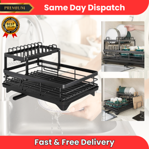 Mr.Gadget'S Solutions 2-Tier Aluminum Dish Drying Rack – Large Black Dish Drainer With Auto Drainboard Mr.Gadget'S Solutions 2-Tier Aluminum Dish Drying Rack – Large Black Dish Drainer With Auto Drainboard