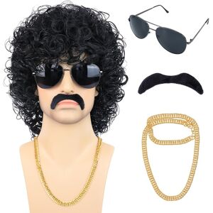 Bettecos 80s Short Black Curly Wig For Men With Mustache Glasses And Chain 70s Bettecos 80s Short Black Curly Wig For Men With Mustache Glasses And Chain 70s