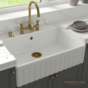 Lsc Fluted Butler 795 1.0 Bowl White Ceramic Kitchen Sink With Gold Waste Lsc Fluted Butler 795 1.0 Bowl White Ceramic Kitchen Sink With Gold Waste