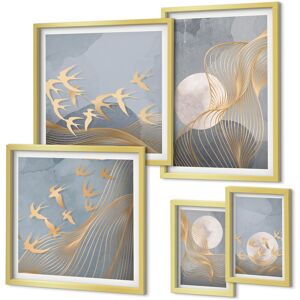 Coloray Wall Art Display Set For Living Room Decor Abstract Waves And Birds Gold Frame Coloray Wall Art Display Set For Living Room Decor Abstract Waves And Birds Gold Frame