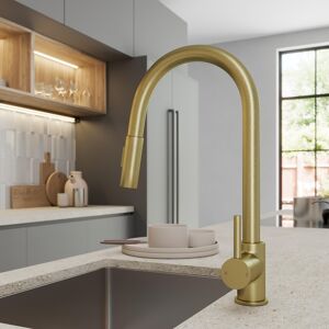 Sinkoro Pull Out Kitchen Tap Dual Spray Single Lever Brushed Brass Modern Deck Mounted Sinkoro Pull Out Kitchen Tap Dual Spray Single Lever Brushed Brass Modern Deck Mounted