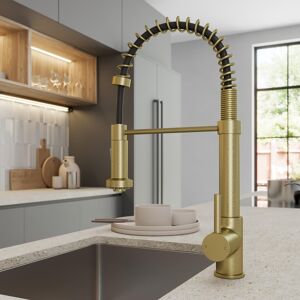 Sinkoro Flexible Pull Out Kitchen Tap - Single Lever Brushed Brass Modern Deck Mounted Sinkoro Flexible Pull Out Kitchen Tap - Single Lever Brushed Brass Modern Deck Mounted