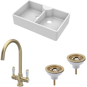Balterley Fireclay 2 Bowl Butler Sink 2 X Wastes Tap Brushed Brass 895mm Balterley Fireclay 2 Bowl Butler Sink 2 X Wastes Tap Brushed Brass 895mm