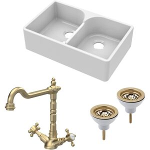 Balterley 2 Bowl Stepped Weir Butler Sink Wastes Tap Brushed Brass 795mm Balterley 2 Bowl Stepped Weir Butler Sink Wastes Tap Brushed Brass 795mm