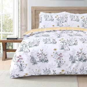 sleepdown Sleepdown Rabbit Meadow Floral White Ochre Plaid Check Reversible Duvet Cover Q sleepdown Sleepdown Rabbit Meadow Floral White Ochre Plaid Check Reversible Duvet Cover Q