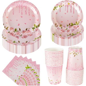 Does Not Apply 100pcs Pink Floral Party Tableware Set, Floral Tea Party Paper Plates Cups And N Does Not Apply 100pcs Pink Floral Party Tableware Set, Floral Tea Party Paper Plates Cups And N