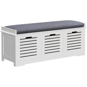 Homcom 3-Door Shoe Storage Bench Cushion Seat Slatted Doors Elevated Base White Homcom 3-Door Shoe Storage Bench Cushion Seat Slatted Doors Elevated Base White