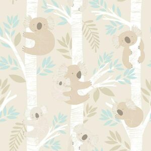 Tiny Tots 2 Koalas Wallpaper Beige Turquoise Glitter - Nursery Kids Room Decor Tiny Tots 2 Koalas Wallpaper Beige Turquoise Glitter - Nursery Kids Room Decor