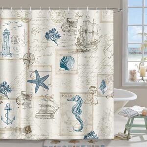 Bonhause Nautical Coastal Shower Curtain Vintage Sailboat Lighthouse Anchor Bat Bonhause Nautical Coastal Shower Curtain Vintage Sailboat Lighthouse Anchor Bat
