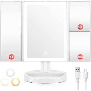 Auxmir Makeup Mirror With 68 Led Lights, 10x/5x/1x Magnifying Trifold Vanity Mir Auxmir Makeup Mirror With 68 Led Lights, 10x/5x/1x Magnifying Trifold Vanity Mir