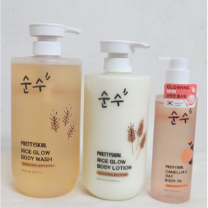 Pretty Skin Rice Glow Body Lotion + Body Wash + Rice & Shea Butter Body Oil Set Pretty Skin Rice Glow Body Lotion + Body Wash + Rice & Shea Butter Body Oil Set