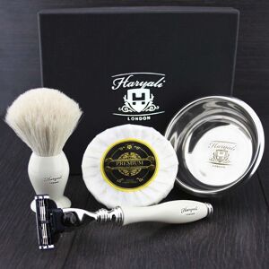 Haryali London Men Shaving Kit Triple Edge Razor Pure White Badger Shaving Brush Gift Bowl Soap Haryali London Men Shaving Kit Triple Edge Razor Pure White Badger Shaving Brush Gift Bowl Soap