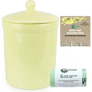 Auntie Morags Portland Ceramic Compost Caddy - Pale Yellow & 1 Roll 6l (50 Bags) & Filter Pack Auntie Morags Portland Ceramic Compost Caddy - Pale Yellow & 1 Roll 6l (50 Bags) & Filter Pack