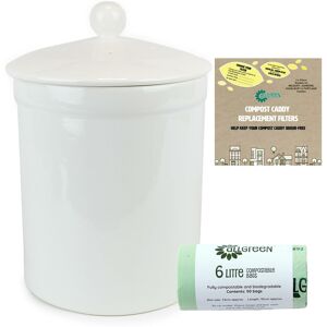 Auntie Morags Portland Ceramic Compost Caddy/food Waste Bin - White & 1xfilters & 50x6l Bags Auntie Morags Portland Ceramic Compost Caddy/food Waste Bin - White & 1xfilters & 50x6l Bags