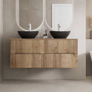Affine 1200mm Oak Vanity Unit Double Black Oval Basin Wall Hung Fluted Soft Close Affine 1200mm Oak Vanity Unit Double Black Oval Basin Wall Hung Fluted Soft Close