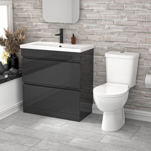 Nes Home 800mm Dark Grey 2 Drawers Handleless Basin Vanity Close Coupled Toilet Nes Home 800mm Dark Grey 2 Drawers Handleless Basin Vanity Close Coupled Toilet