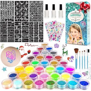 Glitter Tattoos For Kids, Temporary Tattoo Kit - 36 Colours Glitter, 182 Stencil Glitter Tattoos For Kids, Temporary Tattoo Kit - 36 Colours Glitter, 182 Stencil