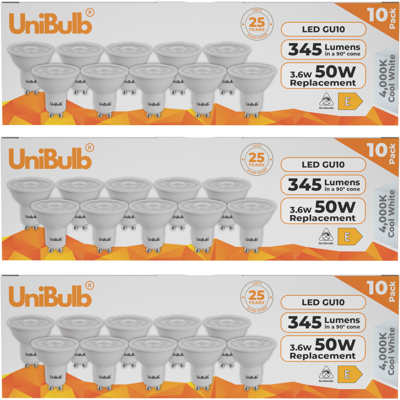 Unibulb Gu10 Led Light Bulb 345lm 3.6w 4000k Cool White 50w Replacement 30 Pack Unibulb Gu10 Led Light Bulb 345lm 3.6w 4000k Cool White 50w Replacement 30 Pack