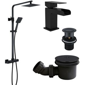 Vincia Matt Black Square Thermostatic Shower Kit Waterfall Basin Tap Shower Tray Waste Vincia Matt Black Square Thermostatic Shower Kit Waterfall Basin Tap Shower Tray Waste
