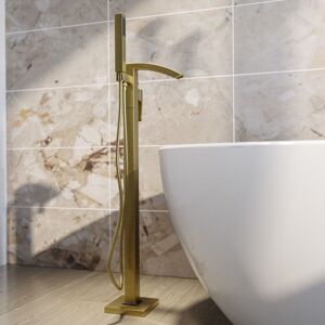 Brushed Brass Freestanding Bath Shower Mixer Tap - Wave Wavebbfs Brushed Brass Freestanding Bath Shower Mixer Tap - Wave Wavebbfs