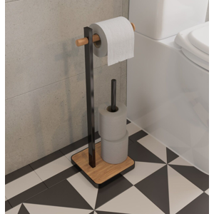Croydex Bamboo & Black Freestanding Toilet Roll Holder, Matt Finish, 62.5cm H Croydex Bamboo & Black Freestanding Toilet Roll Holder, Matt Finish, 62.5cm H