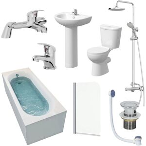 Essentials Bathroom Suite 1700mm Single Ended Bath Toilet Basin Pedestal Taps Shower Waste Essentials Bathroom Suite 1700mm Single Ended Bath Toilet Basin Pedestal Taps Shower Waste