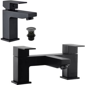 Vincia Matt Black Bathroom Tap Set Bath Filler & Basin Mixer Tap With Clicker Waste Vincia Matt Black Bathroom Tap Set Bath Filler & Basin Mixer Tap With Clicker Waste