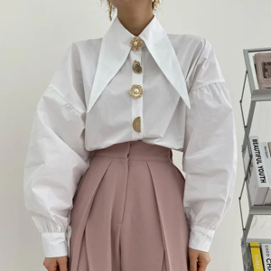 S-Xxl Long Lantern Sleeve Turn Down Collar Blouse Korean Vintage Style Shirt New S-Xxl Long Lantern Sleeve Turn Down Collar Blouse Korean Vintage Style Shirt New