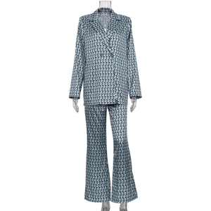 S M L Office Women Suit Printed V-Neck Long Sleeve Shirt And Pants Matching Set S M L Office Women Suit Printed V-Neck Long Sleeve Shirt And Pants Matching Set