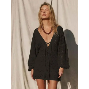 S M L Sexy Deep V-Neck Lace-Up Bell Sleeve Knit Mesh Hollow Out Beach Mini Dress S M L Sexy Deep V-Neck Lace-Up Bell Sleeve Knit Mesh Hollow Out Beach Mini Dress