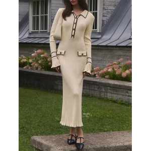 S M L Ruffled Fashion Knit Dress Ribbed Long Sleeve High Waisted Wear For Women S M L Ruffled Fashion Knit Dress Ribbed Long Sleeve High Waisted Wear For Women